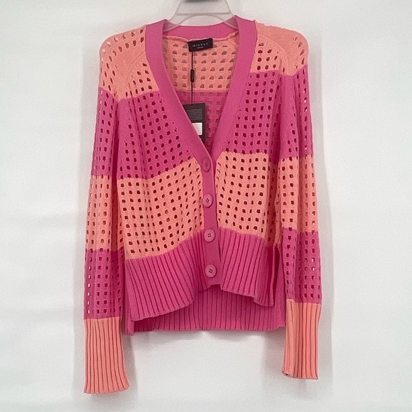 Mickey nwt crochet pink coral stripe cardigan sweater - Picture 1 of 9